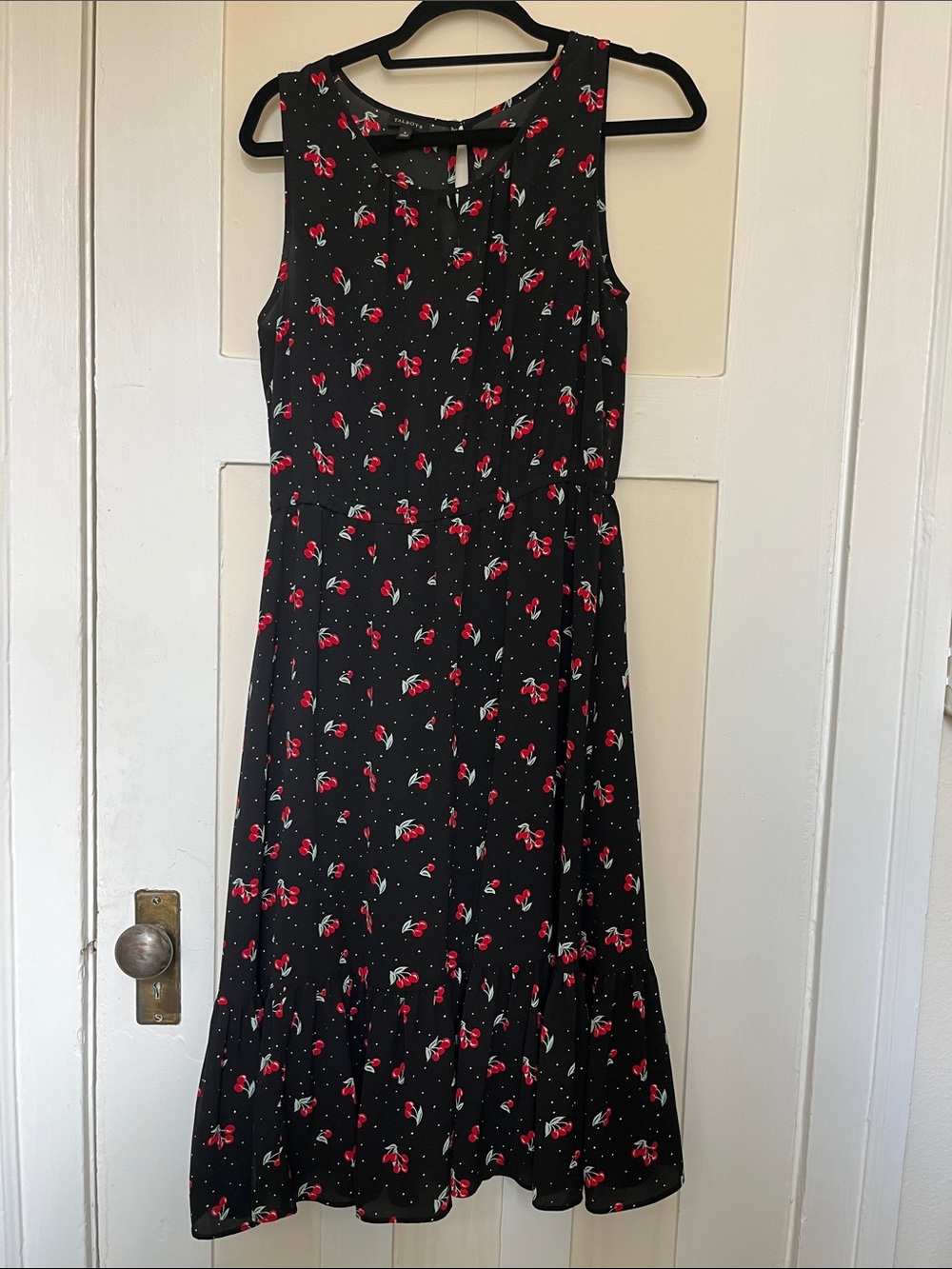 Talbots Black Fit and Flare Dress with Cherry Print